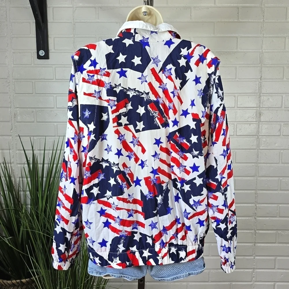 Vintage Liz Sport Patriotic Stars And Stripes Print Jacket Oversized Medium